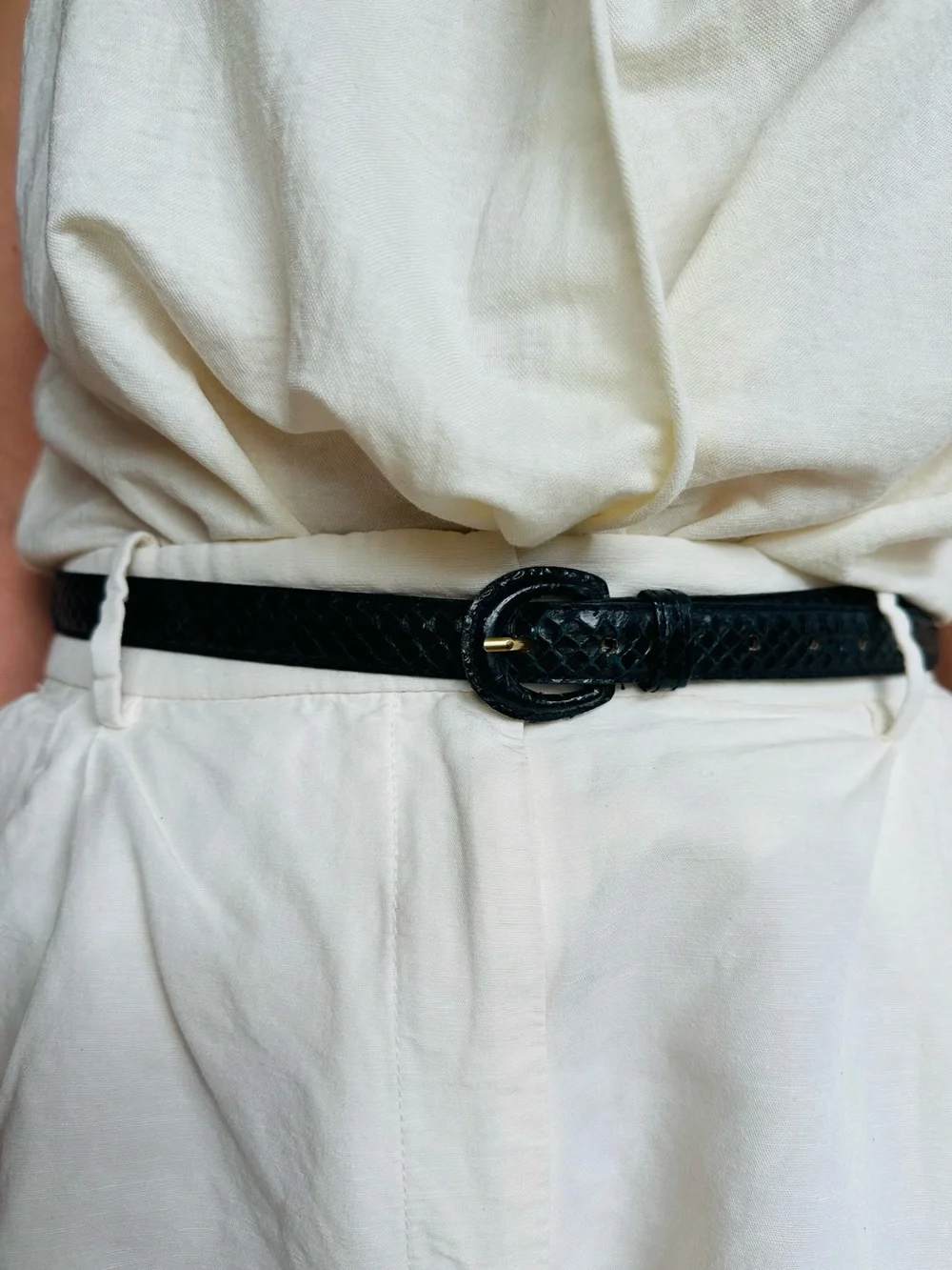 Vintage Genuine Blue Snakeskin Belt Gold Buckle Exotic Leather Size Large Boho